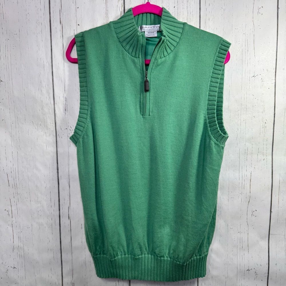 Martin Mens Green Merino Wool Sleeveless Sweater Vest M Quarter Zip Golf Preppy